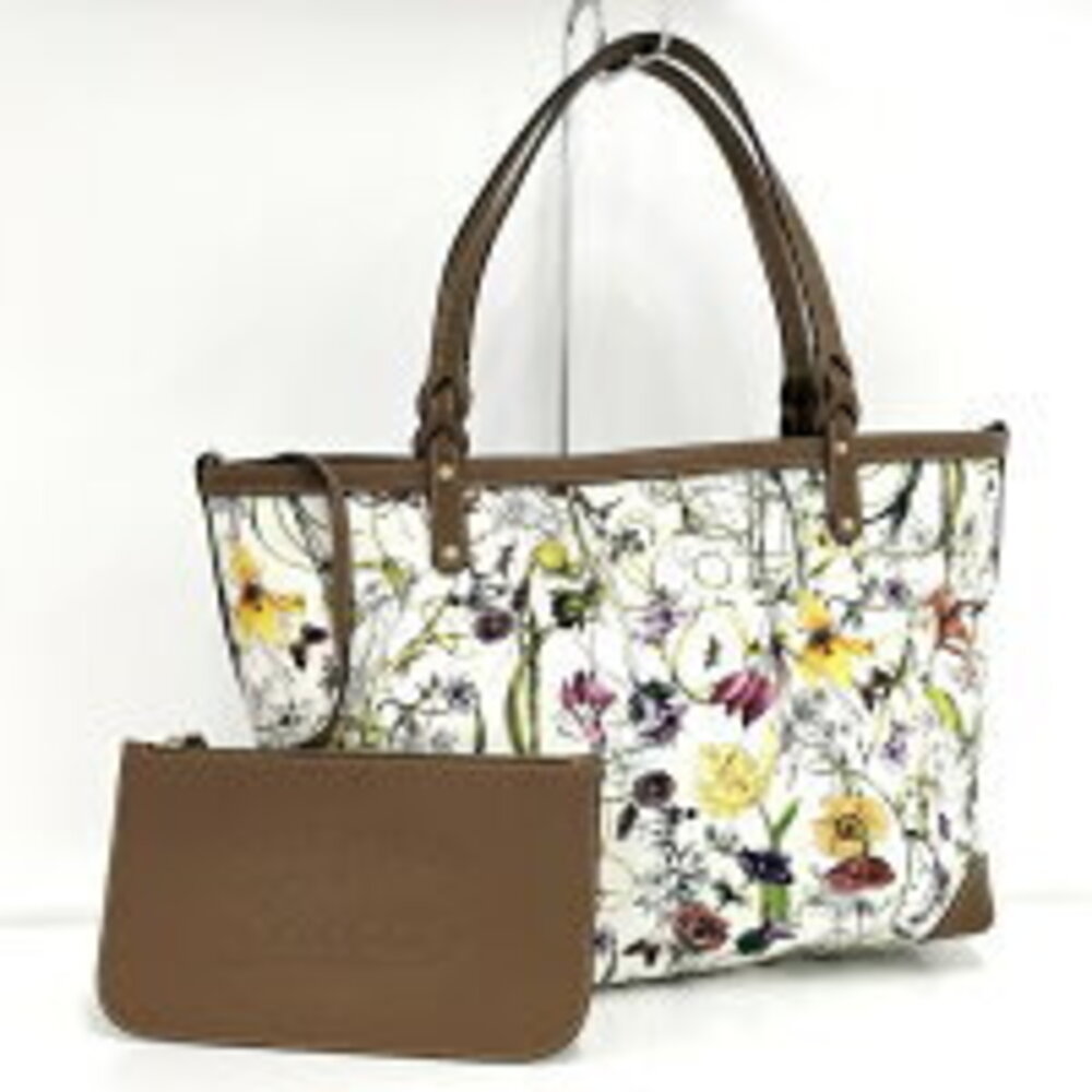 GUCCI Flora Flower Tote Bag Canvas Leather White Brown